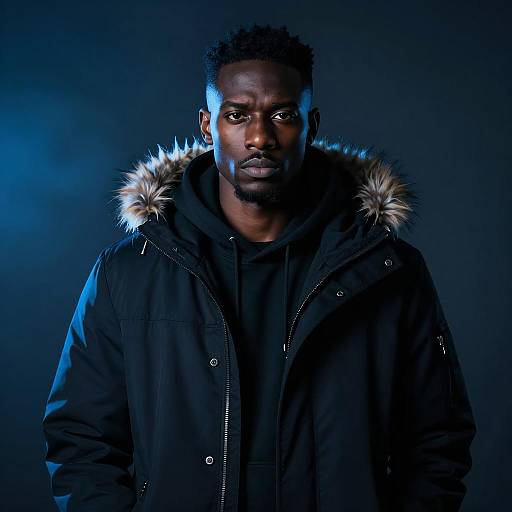 Portrait of man in fur-lined hooded coat with blue lighting