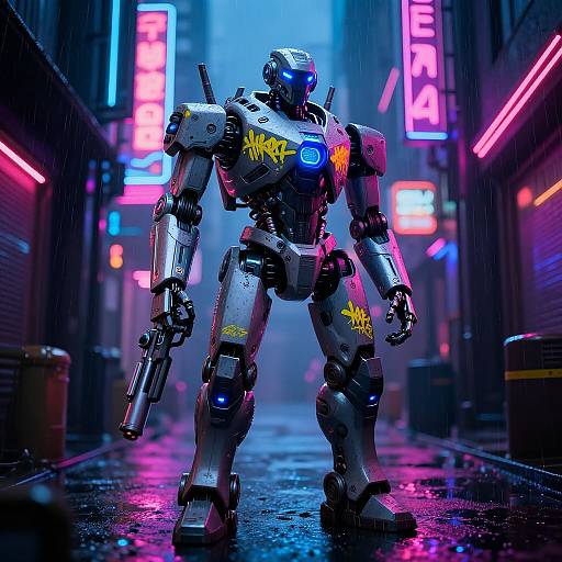 Cyberpunk-style photograph of a glowing, graffiti-marked, robotic warrior with blue and pink neon lights in a rainy, neon-lit alley.