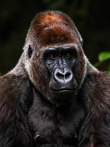 Photograph of a powerful, dark-furred gorilla with intense, deep-set eyes, black nose, and reddish-brown head fur, set
