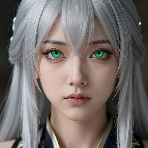 Digital portrait of an anime-style young woman with long silver hair, vibrant green eyes, and fair skin, framed by soft lighting.
