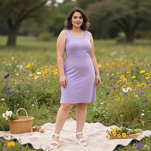 Confident Woman in Lavender Shift Dress