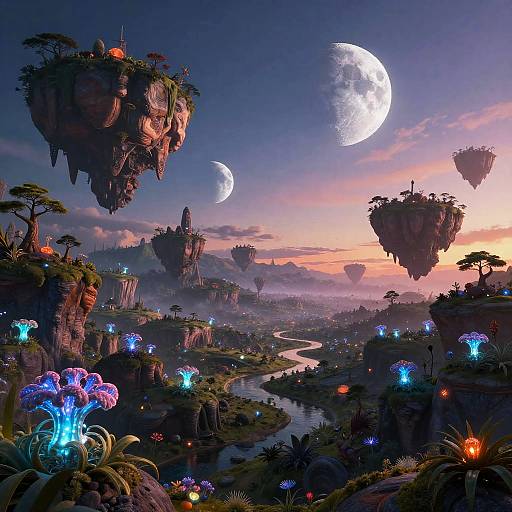 Fantasy CGI landscape of floating islands, bioluminescent flowers, crescent moons, and a glowing sunset over a winding river.