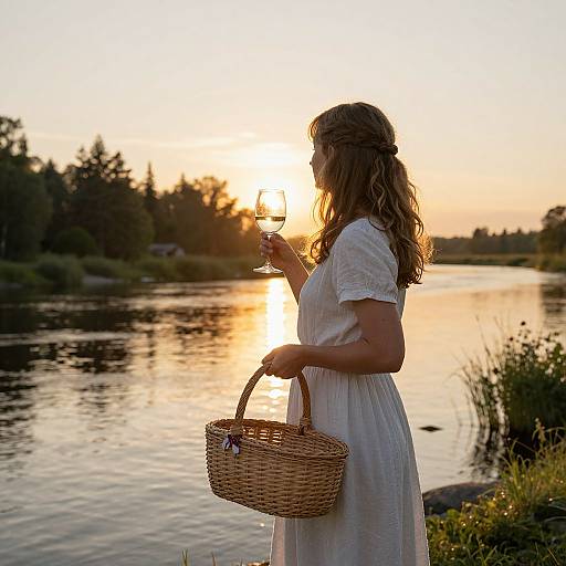 Photograph of a pregnant woman with wavy brown hair in a white dress, holding a wine glass and wicker basket, standing by a serene lake