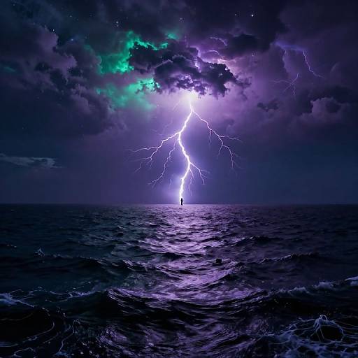 Photograph of a vivid lightning bolt striking a dark, stormy ocean, with purple and green aurora-like clouds in the night sky.