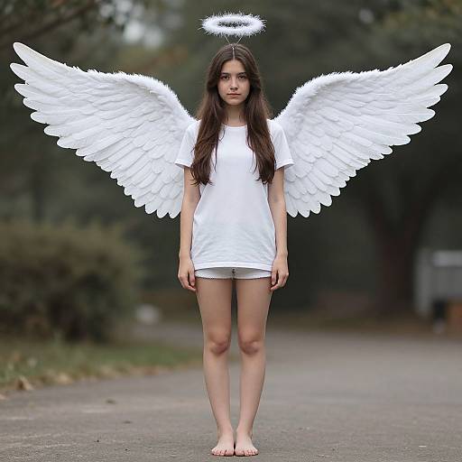 Photograph of a young woman with long brown hair, white angel wings, halo, white T-shirt, and shorts, standing barefoot on a path