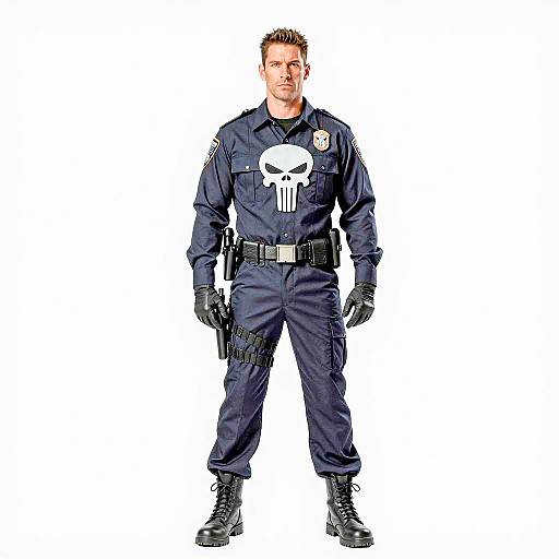 Man in Punisher Costume Police Uniform