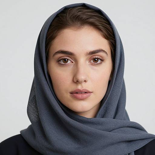 Photograph of a young woman with fair skin, brown eyes, and brown hair, wearing a dark blue headscarf, against a white background.