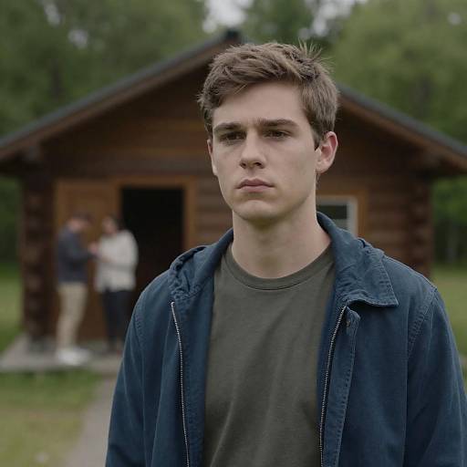 Serious Young Man by Wooden Cabin