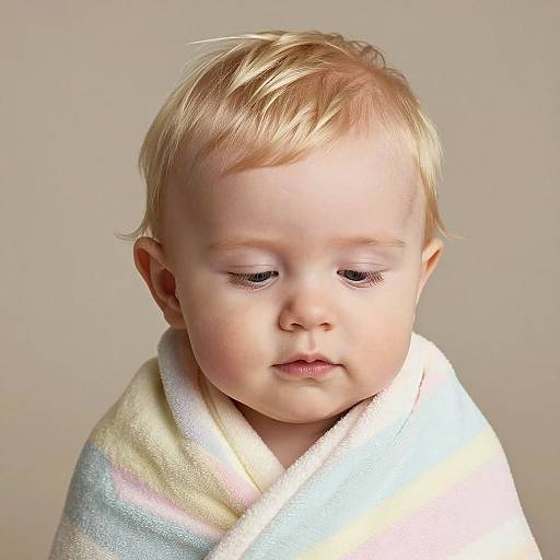 Photograph of a fair-skinned, blonde-haired baby with closed eyes, wrapped in a white and pastel-striped towel, against a plain beige background