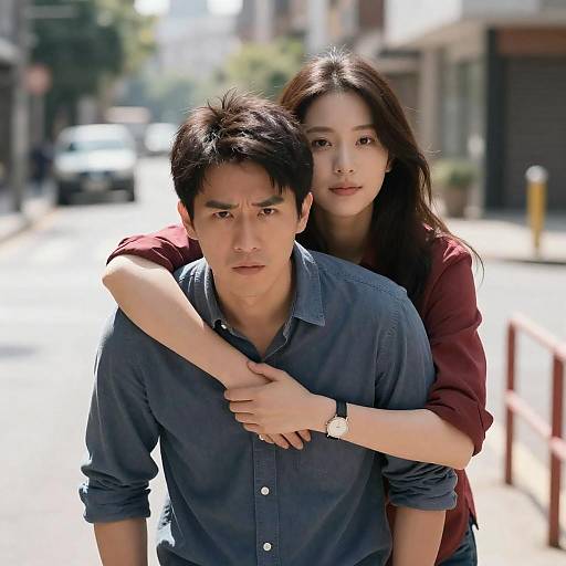 Urban Street Scene with Couple Embrace