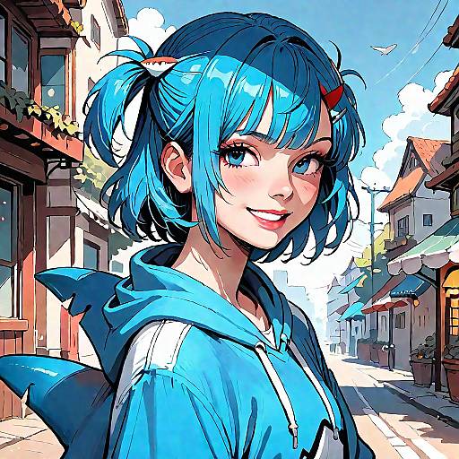 Anime Girl in Blue Hoodie Outdoors