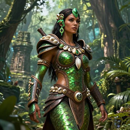 Digital artwork of a fierce, green-scaled, armored warrior woman with long black hair, green gem accents, standing in a lush, ancient jungle temple