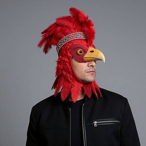 Photograph of a man wearing a red feathered eagle mask with a yellow beak, adorned with a patterned headband, and a black jacket