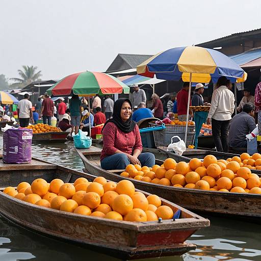 Photograph of a smiling woman in a red sweater and black hijab, sitting in a wooden boat filled with bright orange oranges, at a bustling outdoor