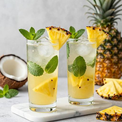 Photograph of two tropical cocktails with pineapple wedges, mint leaves, and ice, on a white surface with a pineapple and coconut in the background.
