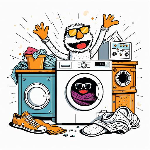Energetic Sock Puppet in Vintage Laundry Room