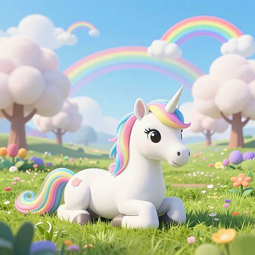 CGI image of a white unicorn with a rainbow mane and tail, lying in a colorful meadow with flowers, under a bright blue sky with a