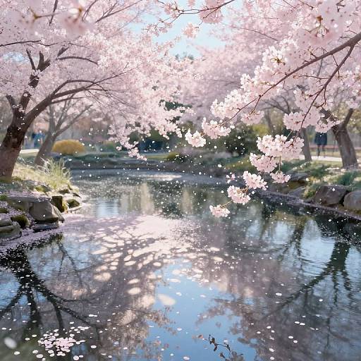 Photograph of a serene cherry blossom-filled pond, reflecting pink blossoms and sunlight, with rocks and greenery on either side.
