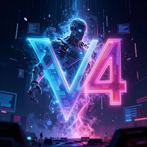 Neon-lit digital artwork of a cybernetic figure with glowing blue and pink 