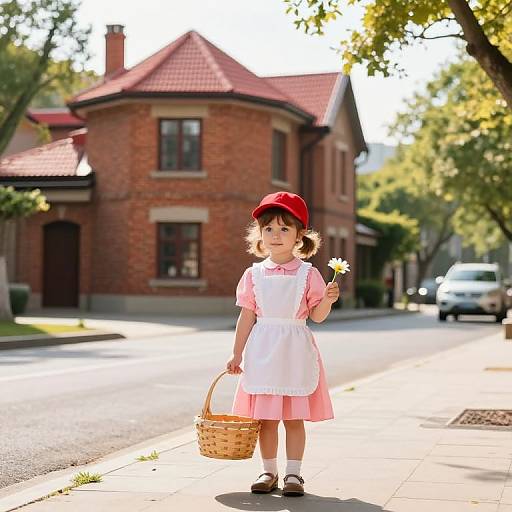 Cheerful Girl on Sunny Sidewalk