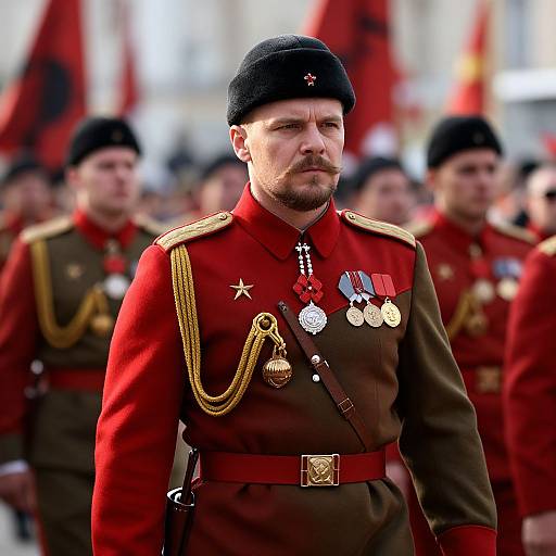 Photograph of a stern, mustached male military officer in red and brown uniform with medals, black beret, and gold epaulets,