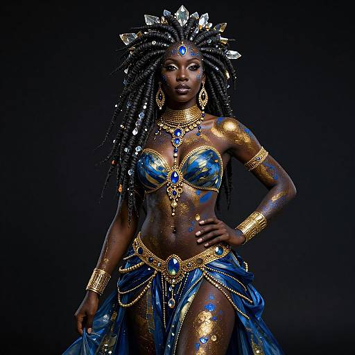 Photograph of a dark-skinned African woman with long braided hair, adorned in gold and blue beaded jewelry, wearing a glittering blue and