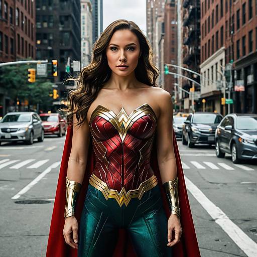 Woman in Wonder Woman Superhero Outfit on City Street