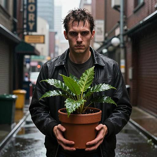 Photograph of a wet, serious-looking man with short, dark hair holding a potted fern in an urban alleyway during rain. He wears a