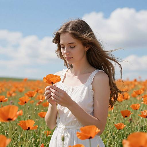 Young woman with long brown hair in white lace dress, gently holding orange poppy, standing in sunlit field of poppies.
