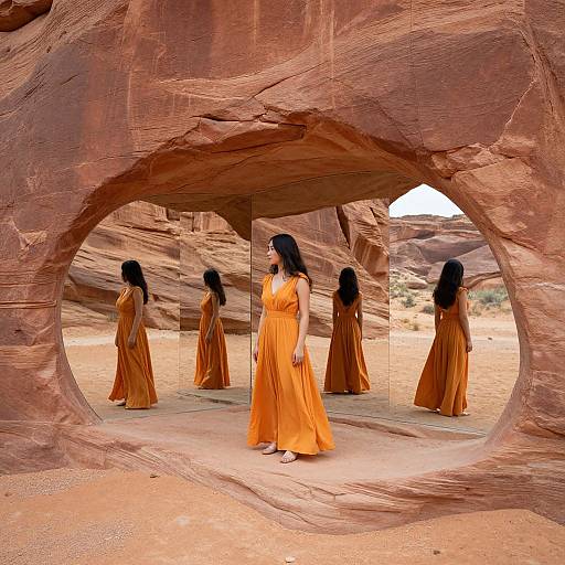 Photograph of six women with long black hair, wearing flowing orange dresses, walking through a natural red rock archway in a desert landscape.