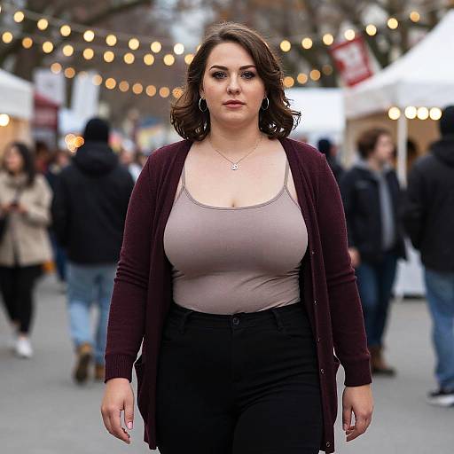 Photograph of a curvy, fair-skinned woman with dark brown hair, wearing a mauve tank top, black pants, and maroon card