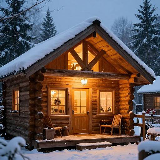 Cozy log cabin with glowing windows, snow-covered roof, and wooden chairs on porch, surrounded by snow-laden evergreen trees at dusk.