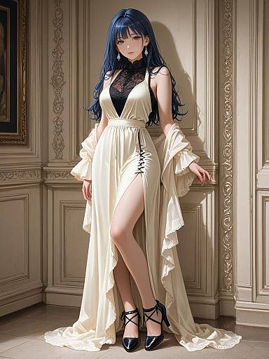 Elegant Woman in Flowing Chiffon Dress with Lace-Up Design