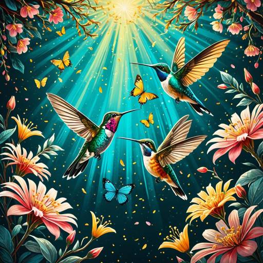 Vibrant Hummingbirds with Butterflies in Blossom Canopy
