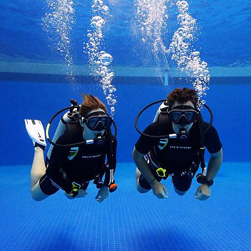 Two Scuba Divers Swimming Underwater in Pool