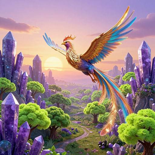 Digital artwork of a vibrant, rainbow-feathered phoenix soaring over a crystal-studded, lush forest at sunset, with a winding path and distant mountains