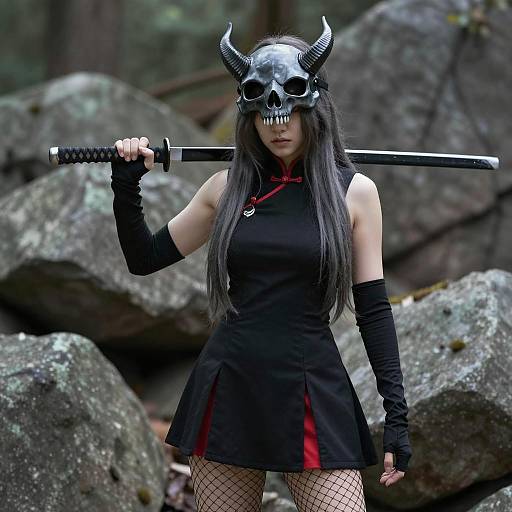 Woman in Skull Mask Holding Katana in Forest