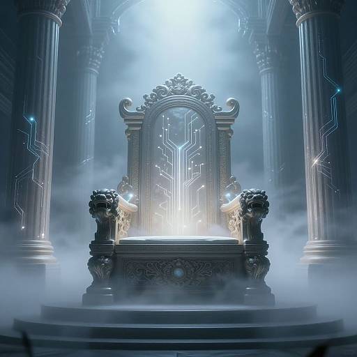 Digital artwork: Futuristic throne with intricate carvings, glowing circuit patterns, and mist, flanked by towering columns, illuminated by bright light.