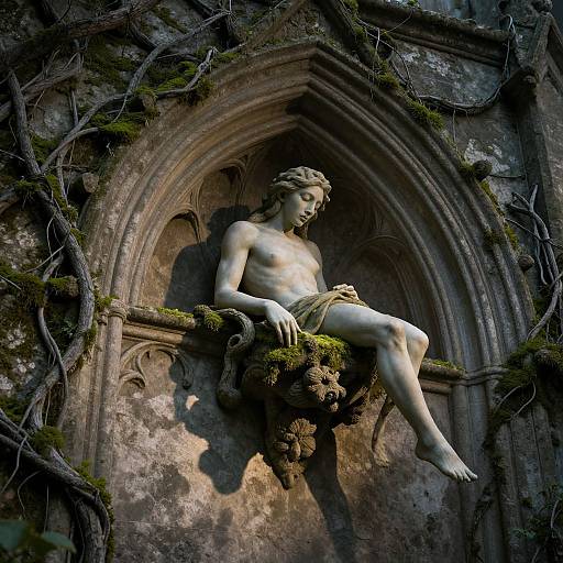 Photograph of a moss-covered, classical-style stone statue of a nude, serene woman with wavy hair, seated in an arched niche, surrounded