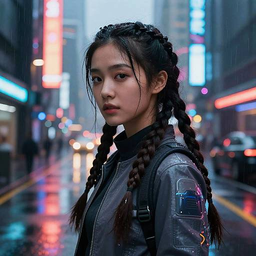 Digital artwork of an Asian woman with braided hair, wearing a black leather jacket, standing in a rain-soaked neon-lit city street at night