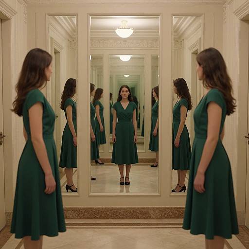 Photograph of a woman in a green, knee-length dress standing in front of multiple mirrors, reflecting her image in a brightly lit, elegant hallway.