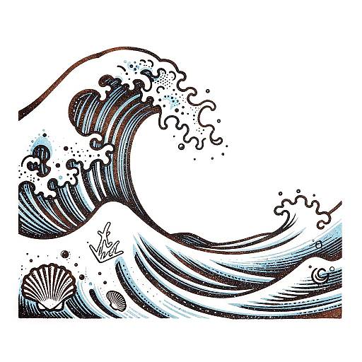 Sepia Linocut Ocean Waves Print