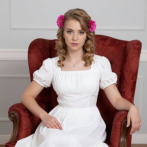 Photograph of a young woman with curly blonde hair, pink flowers in her hair, wearing a white dress, seated in a red ornate armchair