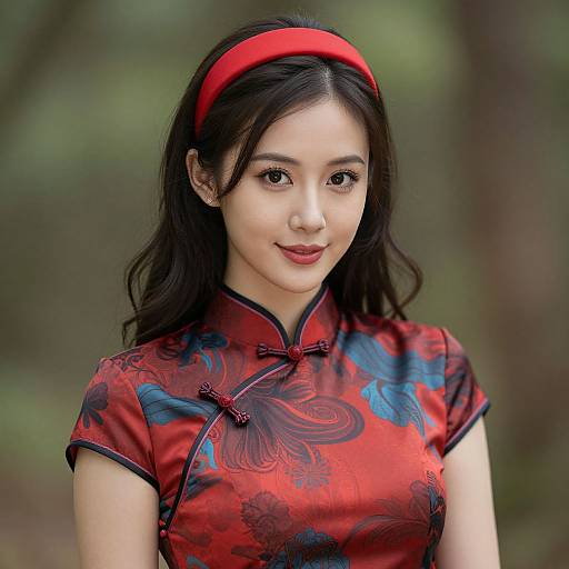 Photograph of an Asian woman with long black hair, wearing a red floral-patterned cheongsam, red headband, and red lipstick, standing