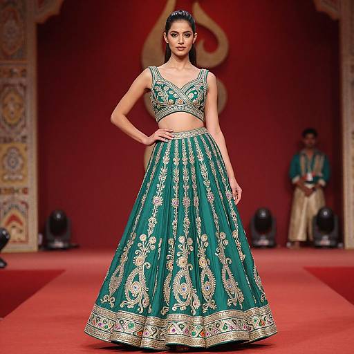 Photograph of a confident woman in a green, gold-embroidered traditional Indian lehenga and crop top, walking down a red carpet runway.