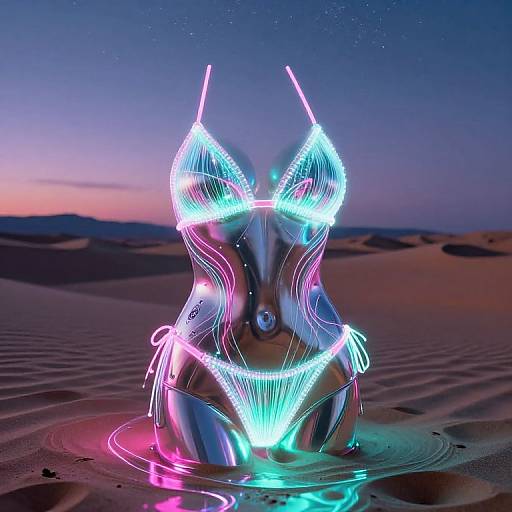 Photograph of a neon-lit, wireframe female figure in a bikini, kneeling in a desert at sunset, creating vibrant blue, pink, and