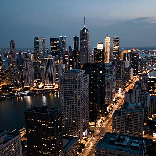 Aerial photograph of a bustling city skyline at dusk, showcasing illuminated skyscrapers, a river reflecting city lights, and busy streets.