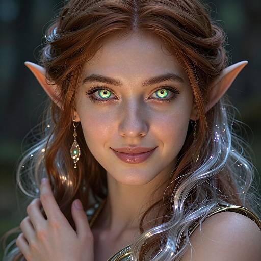 Photorealistic digital portrait of a beautiful female elf with glowing green eyes, pointed ears, long brown hair, and subtle smile, wearing a gold e