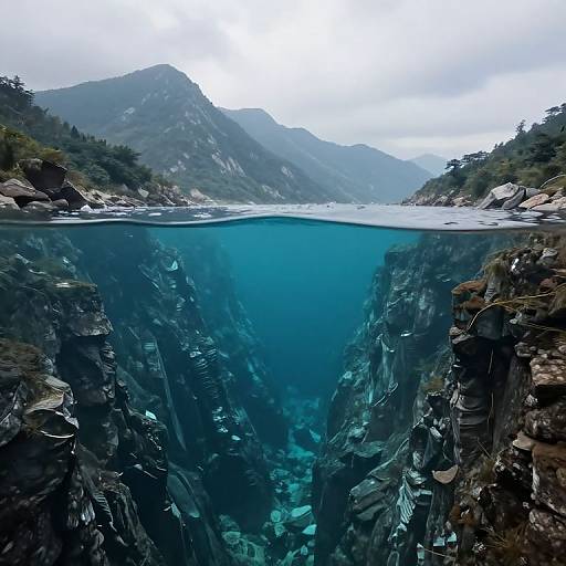 Photograph of a dramatic, turquoise waterfall cutting through rocky cliffs, with a misty mountain range and dense forest in the background.