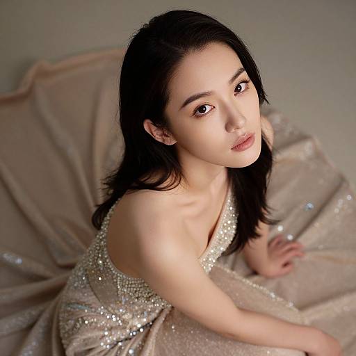 Photograph of an East Asian woman with long black hair, wearing a sparkling, off-shoulder silver gown, kneeling on a beige, sequined